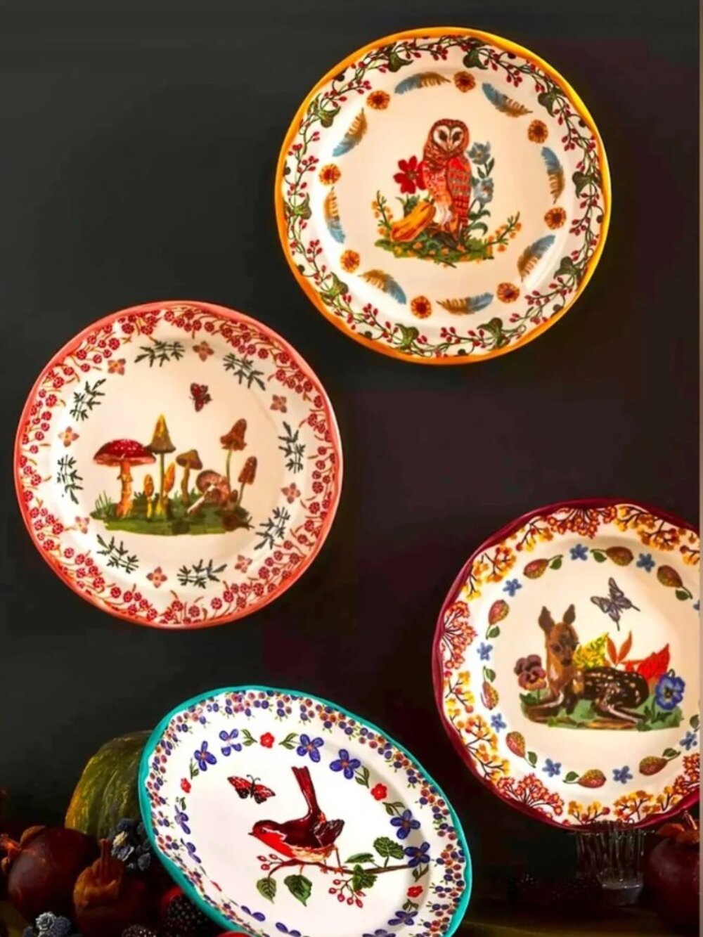 SET (4) Anthropologie Nathalie Lete Dessert Plate Woodland Creatures